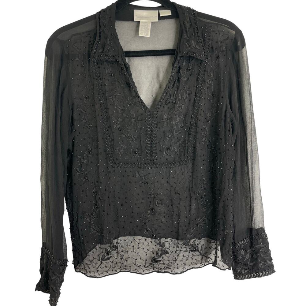 Worthington Sheer Silk Blouse Floral Embroidery and Beaded Women's Size 12P Y2K